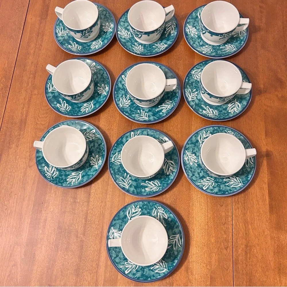Mikasa Fashion Plate Leaf Song White Teal Ironstone Cups Mug Saucer 2 SETS